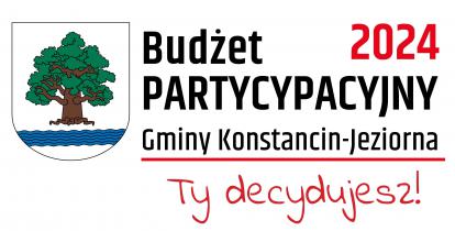 Białe tło z herbem gminy Konstancin-Jeziorna oraz napisem Budżet Partycypacyjny 2024 Gminy Konstancin-Jeziorna – Ty decydujesz.