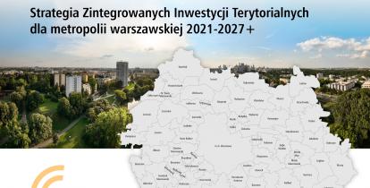 Na tle panoramy Warszawy mapa z granicami administracyjnymi gmin i powiatów należących do metropolii warszawskiej