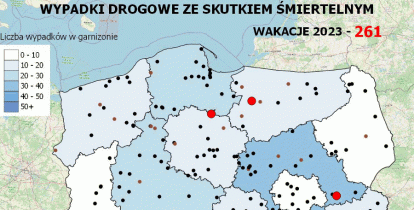 Grafika wektorowa. Mapa Polski z naniesionymi miejscami wypadków.