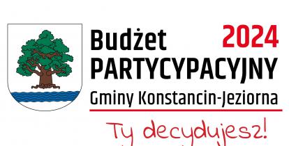 Białe tło z herbem gminy Konstancin-Jeziorna oraz napisem Budżet Partycypacyjny 2024 Gminy Konstancin-Jeziorna – Ty decydujesz.