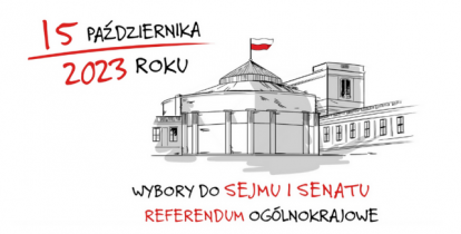 Grafika wektorowa, budynek sejmu oraz napis: 15 października 2023 roku – wybory do sejmu i senatu