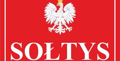 Grafika wektorowa: na czerwonym tle napis sołtys, a nad nim godło RP
