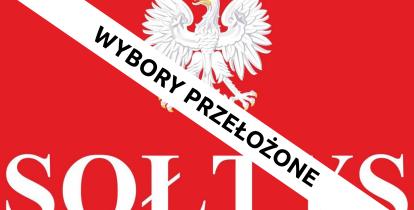 Grafika wektorowa: na czerwonym tle napis sołtys, a nad nim godło RP