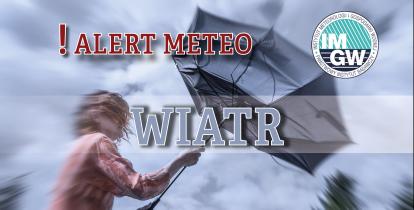 Na górze czerwony napis meteo alert poprzedzony wykrzyknikiem. Obok niego logo Instytutu Meteorologii i Gospodarki Wodnej - niebieski okrąg z białymi literami IMGW, poniżej szary napis silny wiatr. W tle postać z rozwianymi włosami próbująca utrzymać wygięty w górę parasol.  
