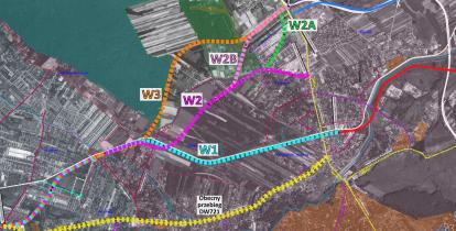 Mapa przedstawia różne warianty planowanych tras komunikacyjnych (W1, W2, W2A, W2B, W3) na tle istniejącej infrastruktury i terenu, z zaznaczonym obecnym przebiegiem drogi DW721.