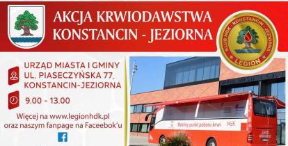Plakat promujący akcje krwiodawstwa w Konstancinie-Jeziornie w 2025 r.