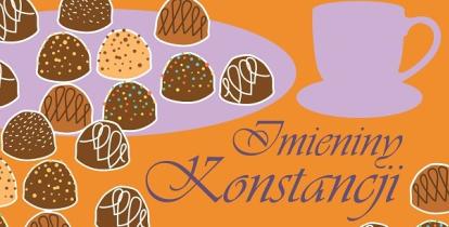 Grafika przedstawia kolorowe czekoladki na pomarańczowym tle z fioletową kokardą i napisem „Imieniny Konstancji” w fioletowej czcionce.