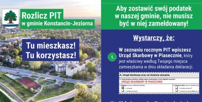 Ulotka zachęcająca mieszkańców Konstancina-Jeziorny do wskazania gminy jako miejsca zamieszkania w deklaracji PIT, aby wspierać lokalny budżet i rozwój infrastruktury.