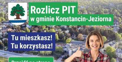 Reklama zachęcająca mieszkańców gminy Konstancin-Jeziorna do rozliczenia PIT-u na miejscu, z hasłem „Tu mieszkasz! Tu korzystasz!” oraz uśmiechniętą kobietą pokazującą kciuk w górę.