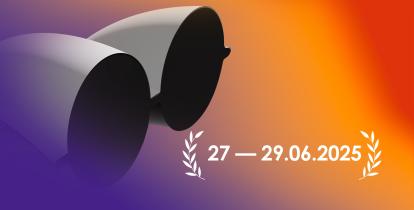 Grafika promująca VIII Festiwal Filmowy Maklaka i Jego Przyjaciół – stylizowane okulary przeciwsłoneczne na tle gradientu w kolorach fioletu, pomarańczu i czerwieni, z datą wydarzenia „27 — 29.06.2025” oraz ozdobnymi liśćmi laurowymi po bokach.