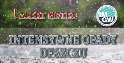 Intensywne opady deszczu. Na górze czerwony napis ! Alert meteo. W tle las i wzburzona tafla wody.