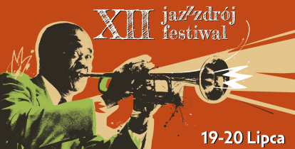 Plakat promujący XII Jazz Zdrój Festiwal. Na ilustracji stylizowanej na retro widnieje muzyk grający na trąbce, ubrany w zielony garnitur. W tle dominuje pomarańczowe tło z dynamicznymi, jasnymi promieniami dźwięku. Po prawej stronie widnieje biały napis: ‘XII jazzZdrój festiwal’ oraz data: ‘19–20 lipca’.