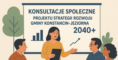 Ilustracja przedstawia cztery osoby siedzące przy stole i rozmawiające, a w tle znajduje się tablica z napisem „Konsultacje społeczne projektu Strategii Rozwoju Gminy Konstancin-Jeziorna 2040+”.