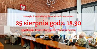 grupa ludzi na prezentacji, napis na czerwono 25 sierpnia godz. 18.30 spotkanie z mieszkańcami