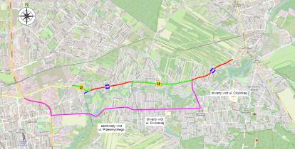Mapa DW 721 z zaznaczonymi odcinkami dróg jednokierunkowych i dwukierunkowych.
