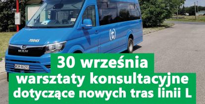 Plakat informuje o warsztatach konsultacyjnych dotyczących nowych tras linii L w Konstancinie-Jeziornie, które odbędą się 30 września.