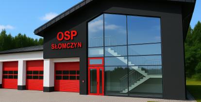 Nowoczesny budynek strażnicy OSP w Słomczynie z przeszkloną klatką schodową i czerwonymi bramami garażowymi.