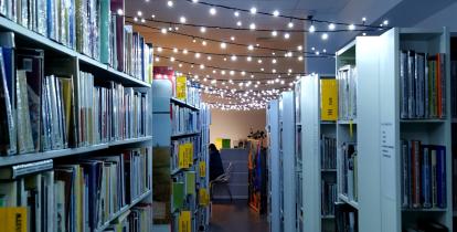 półki w bibliotece oświetlone światełkami