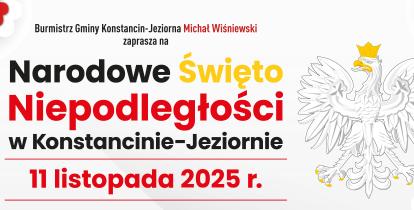 Plakat informuje o obchodach Narodowego Święta Niepodległości w Konstancinie-Jeziornie 11 listopada 2025 roku, zorganizowanych przez burmistrza gminy.