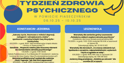 żółty plakat przedstawiający harmonogram tygodnia zdrowia psychicznego
