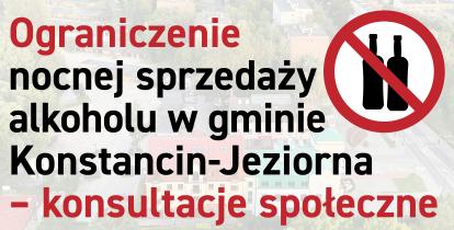 Grafika informacyjna z napisem „Ograniczenie nocnej sprzedaży alkoholu w gminie Konstancin-Jeziorna – wypełnij ankietę” oraz symbolem przekreślonych butelek alkoholu na tle zdjęcia miasta.