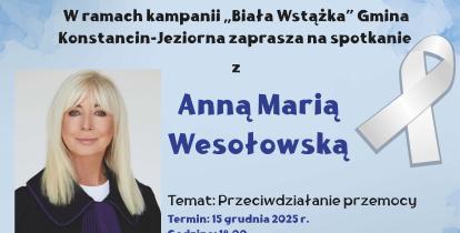 niebieski plakat z wizerunkiem blond kobiety-sędziny zapowiadający wykład