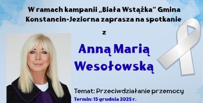 niebieski plakat z wizerunkiem blond kobiety-sędziny zapowiadający wykład