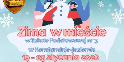 plakat niebieski z dziećmi i bałwanem 