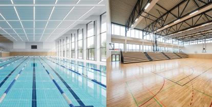 Wizualizacja przedstawiająca nowoczesny basen sportowy z torami pływackimi oraz wielofunkcyjną halę sportową z trybunami i boiskami do gier zespołowych.