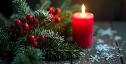 stroik świąteczny z zielonych gałązek choinki i zapalonej czerwonej świeczki