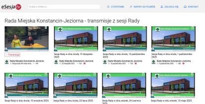 Zrzut ekranu przedstawiający stronę eSesja.tv z listą transmisji i nagrań sesji Rady Miejskiej Konstancin-Jeziorna, widocznych w formie miniatur wideo z datami posiedzeń.