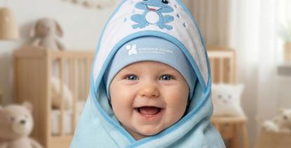 Uśmiechnięte dziecko owinięte w niebieski kocyk