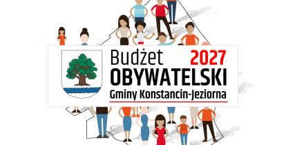 Grafika promująca Budżet Obywatelski 2027 Gminy Konstancin-Jeziorna, przedstawiająca mieszkańców na tle mapy gminy oraz herb i logo inicjatywy.