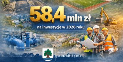 Grafika przedstawia informację o przeznaczeniu 58,4 mln zł na inwestycje w 2026 roku, ilustrowaną zdjęciami prac drogowych, boiska sportowego, infrastruktury wodociągowej oraz robót budowlanych.