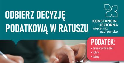 Plakat informacyjny gminy Konstancin-Jeziorna zachęcający do osobistego odbioru decyzji podatkowych (od nieruchomości, rolnego i leśnego) w ratuszu w dniach 26–31 stycznia 2026 r., z podanymi godzinami pracy urzędu oraz informacją o późniejszej wysyłce pocztowej i elektronicznej.