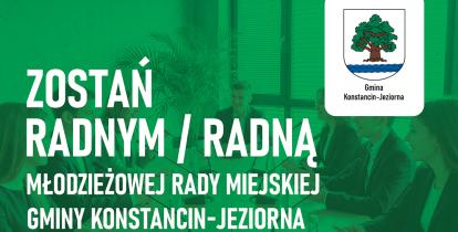 Grafika promująca nabór do Młodzieżowej Rady Miejskiej Gminy Konstancin-Jeziorna, przedstawiająca grupę młodych ludzi obradujących przy stole oraz napis „Zostań radnym/radną”.
