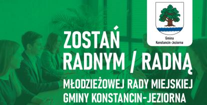 Grafika promująca nabór do Młodzieżowej Rady Miejskiej Gminy Konstancin-Jeziorna, przedstawiająca grupę młodych ludzi obradujących przy stole oraz napis „Zostań radnym/radną”.