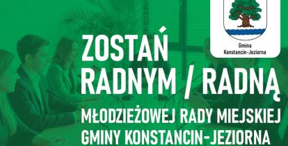 Grafika promująca nabór do Młodzieżowej Rady Miejskiej Gminy Konstancin-Jeziorna, przedstawiająca grupę młodych ludzi obradujących przy stole oraz napis „Zostań radnym/radną”.
