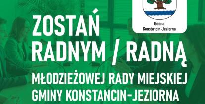 Grafika promująca nabór do Młodzieżowej Rady Miejskiej Gminy Konstancin-Jeziorna, przedstawiająca grupę młodych ludzi obradujących przy stole oraz napis „Zostań radnym/radną”.