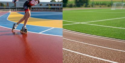 Osoba jadąca na rolkach po kolorowym torze wrotkarskim obok boiska sportowego z bieżnią i murawą.