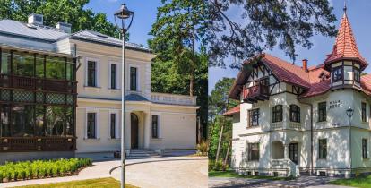 Dwie odrestaurowane, zabytkowe wille wśród zieleni: jasna, klasycystyczna willa Kamilin z przeszkloną werandą oraz stylizowana na górską architekturę willa Gryf z czerwonym dachem i wieżyczką, sfotografowane w słoneczny dzień.