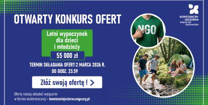 Grafika o otwartym konkursie ofert na letni wypoczynek dla dzieci i młodzieży (55 tys. zł, termin do 2 marca 2026 r.) z ilustracją młodzieży na biwaku.