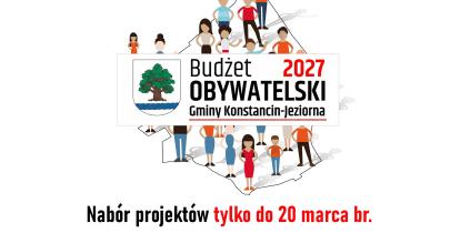 Grafika promująca Budżet Obywatelski 2027 Gminy Konstancin-Jeziorna, przedstawiająca mieszkańców na tle mapy gminy oraz herb i logo inicjatywy.