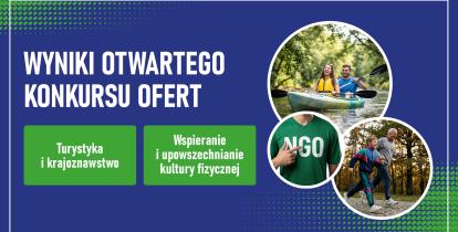 Grafika informuje o wynikach otwartego konkursu ofert w Konstancinie-Jeziornie, przedstawiając główne obszary wsparcia oraz zdjęcia związane z aktywnością społeczną i turystyczną.