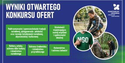 Grafika informuje o wynikach otwartego konkursu ofert w Konstancinie-Jeziornie, przedstawiając główne obszary wsparcia (m.in. tradycja narodowa, działalność lokalna, kultura, ochrona środowiska i ratownictwo) oraz zdjęcia związane z aktywnością społeczną i ekologiczną.