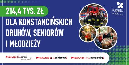 Grafika informuje o pozyskaniu 214,4 tys. zł dla gminy Konstancin-Jeziorna na wsparcie strażaków, seniorów i młodzieży, zilustrowana zdjęciami druhów, osób starszych i młodych mieszkańców.