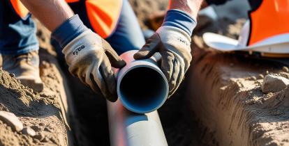 Pracownik budowlany w rękawicach ochronnych montuje rurę kanalizacyjną w wykopie ziemnym.