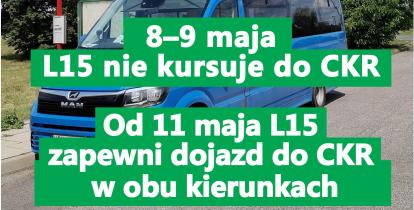 Niebieski autobus linii lokalnej na tle ulicy w Konstancinie-Jeziornie z planszą informującą o zmianach na linii L15 i braku dojazdu do Centrum Kompleksowej Rehabilitacji 