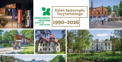 Kolaż zdjęć przedstawiających charakterystyczne miejsca i wydarzenia z Konstancina-Jeziorny z okazji Dnia Samorządu Terytorialnego 1990–2026, m.in. urząd miasta, tężnię solankową, zabytkowe wille, paradę oraz spływ kajakowy rzeką Jeziorką.