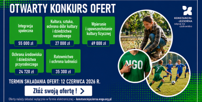 Grafika informująca o otwartym konkursie ofert dla organizacji pozarządowych oraz terminie składania wniosków do 12 czerwca 2026 r.